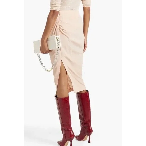 Acne Studios Textured Ruched Crepon Midi Skirt Beige High Waisted Side Slit - Picture 3 of 11